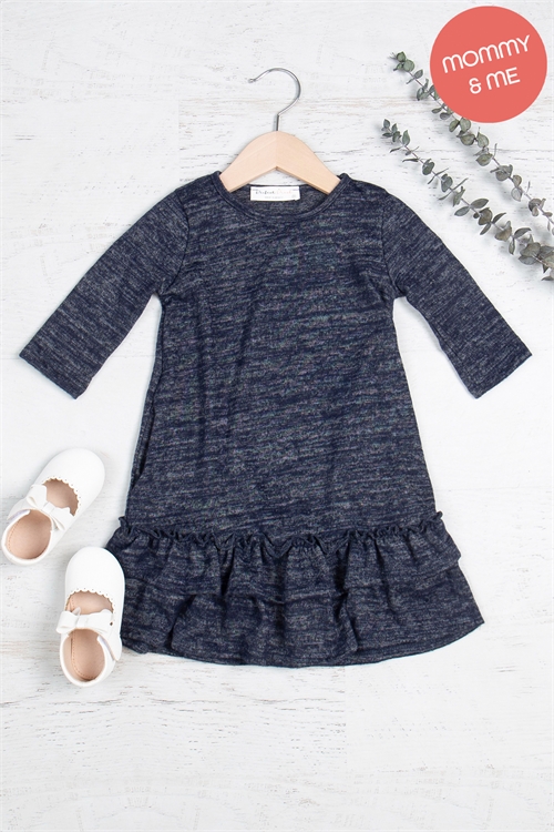 S14-9-1-YMD10016TK-HTRNV - KIDS QUARTER SLEEVE RUFFLE HEM DETAIL DRESS- HEATHER NAVY 1-1-1-1-1-1-1-1