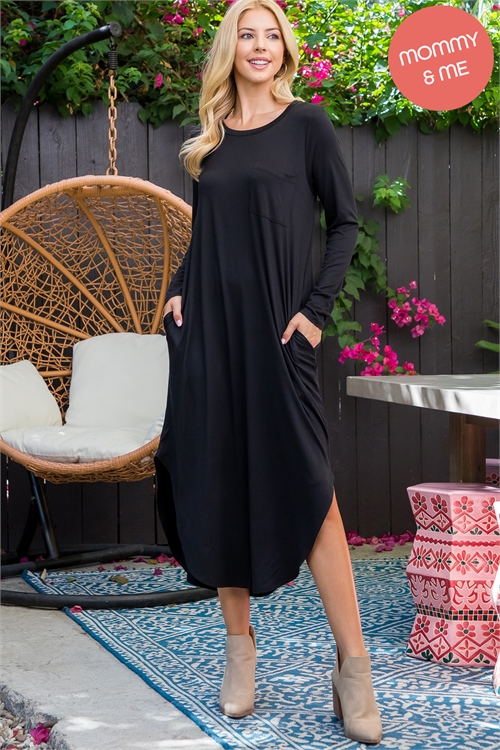 S11-20-1-YMD10017-BK - SOLID ROUND NECK LONG SLEEVE TUNIC DRESS- BLACK 1-2-2-2 (NOW $8.75 ONLY! )