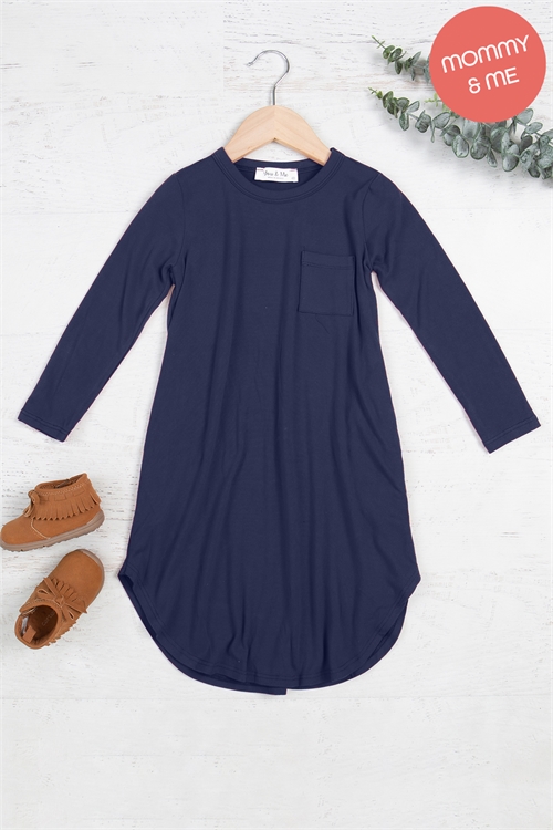 S10-10-4-YMD10017TK-NV - KIDS SOLID ROUND NECK LONG SLEEVE TUNIC DRESS- NAVY 1-1-1-1-1-1-1-1 (NOW $7.75 ONLY!)