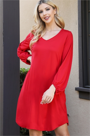 SA3-000-2-YMD10021V-RD - SOLID V-NECK TUNNEL LONG SLEEVE DRESS- RED 1-2-2-1