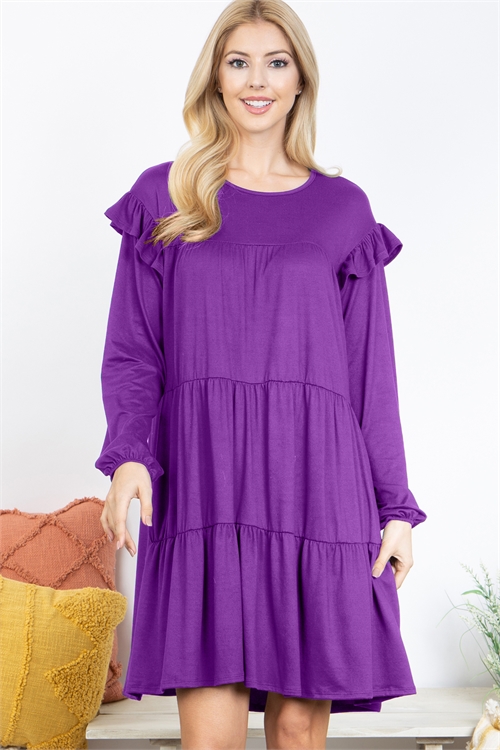 S4-3-4-YMD10024-EP - LONG SLEEVE RUFFLE DETAIL SOLID DRESS- EGGPLANT 1-2-2-2