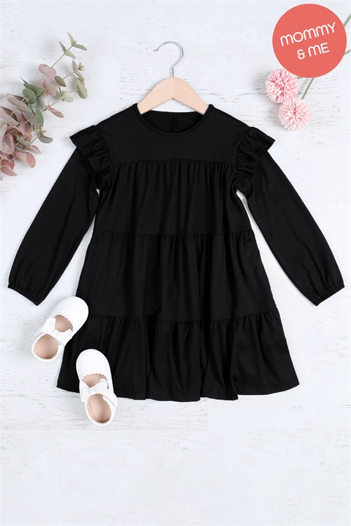 S11-11-4-YMD10024TKV-BK - KIDS LONG SLEEVE RUFFLE DETAIL SOLID DRESS- BLACK 1-1-1-1-1-1-1-1 (NOW $5.25 ONLY!)