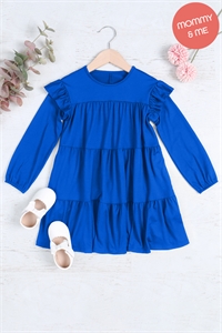 S11-3-4-YMD10024TKV-BLRYL - KIDS LONG SLEEVE RUFFLE DETAIL SOLID DRESS- BLUE ROYAL 1-1-1-1-1-1-1-1 (NOW $5.25 ONLY!)
