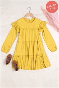 S11-18-4-YMD10024TKV-DJ - KIDS LONG SLEEVE RUFFLE DETAIL SOLID DRESS- DIJON 1-1-1-1-1-1-1-1 (NOW $5.25 ONLY!)