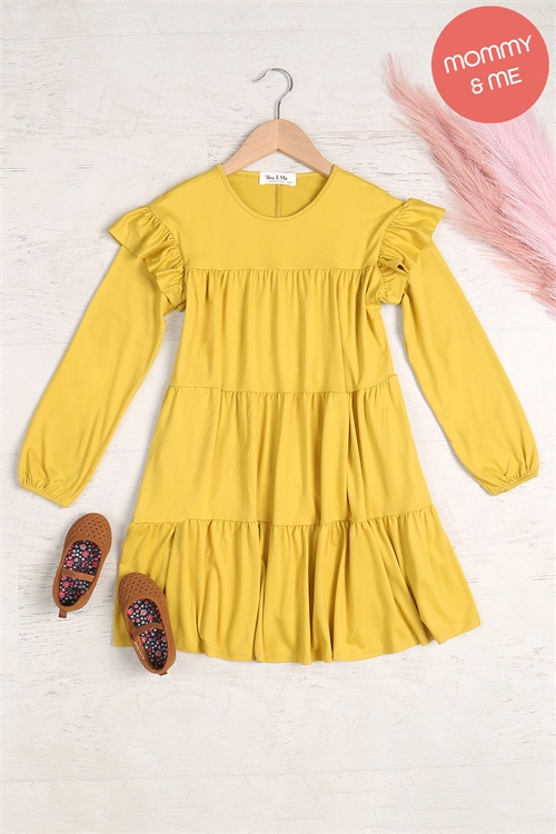 S11-12-1-YMD10024TKV-DJ - KIDS LONG SLEEVE RUFFLE DETAIL SOLID DRESS- DIJON 1-1-1-1-1-1-1-1 (NOW $5.25 ONLY!)