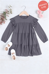 S11-19-4-YMD10024TKV-GYDK - KIDS LONG SLEEVE RUFFLE DETAIL SOLID DRESS- GREY DARK 1-1-1-1-1-1-1-1 (NOW $5.25 ONLY!)