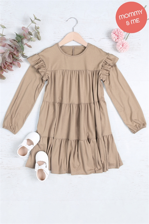 S11-17-4-YMD10024TKV-MC - KIDS LONG SLEEVE RUFFLE DETAIL SOLID DRESS- MOCHA 1-1-1-1-1-1-1-1