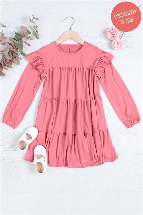 S11-18-4-YMD10024TKV-MVDST - KIDS LONG SLEEVE RUFFLE DETAIL SOLID DRESS- MAUVE DUSTY 1-1-1-1-1-1-1-1 (NOW $5.25 ONLY!)