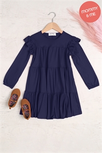 S11-3-4-YMD10024TKV-NV - KIDS LONG SLEEVE RUFFLE DETAIL SOLID DRESS- NAVY 1-1-1-1-1-1-1-1 (NOW $5.25 ONLY!)