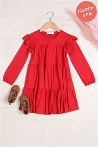 S11-4-4-YMD10024TKV-RD - KIDS LONG SLEEVE RUFFLE DETAIL SOLID DRESS- RED 1-1-1-1-1-1-1-1