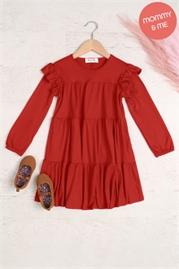 S11-6-4-YMD10024TKV-RU - KIDS LONG SLEEVE RUFFLE DETAIL SOLID DRESS- RUST 1-1-1-1-1-1-1-1 (NOW $5.25 ONLY!)