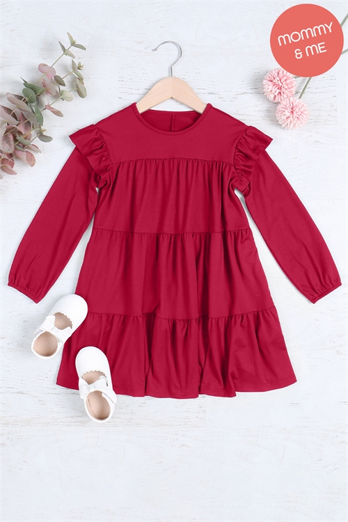 S11-4-4-YMD10024TKV-WN - KIDS LONG SLEEVE RUFFLE DETAIL SOLID DRESS- WINE 1-1-1-1-1-1-1-1 (NOW $5.25 ONLY!)