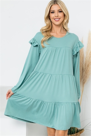 SA4-003-YMD10024V-ALOE - LONG SLEEVE RUFFLE DETAIL SOLID DRESS- ALOE 1-1-1-1