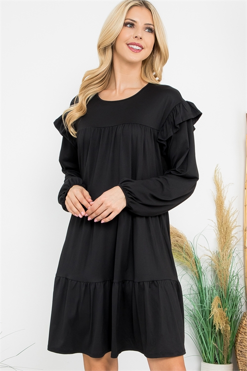 S5-1-2-YMD10024V-BK - LONG SLEEVE RUFFLE DETAIL SOLID DRESS- BLACK 1-1-1-1