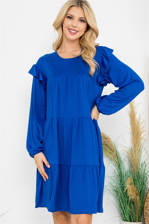 S11-8-3-YMD10024V-BLRYL - LONG SLEEVE RUFFLE DETAIL SOLID DRESS- BLUE ROYAL 1-1-1-1