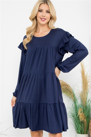 S7-3-2-YMD10024V-NV - LONG SLEEVE RUFFLE DETAIL SOLID DRESS- NAVY 1-1-1-1