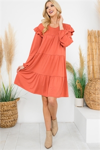 SA3-00-2-YMD10024V-TRCT - LONG SLEEVE RUFFLE DETAIL SOLID DRESS- TERRACOTA 1-1-1-1