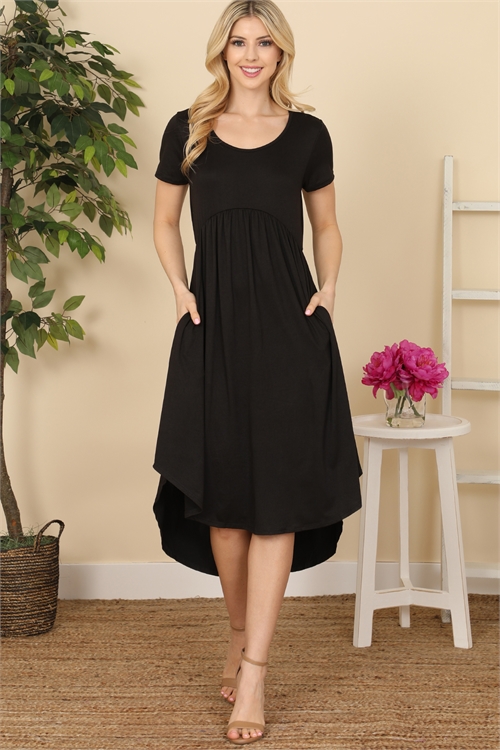 S4-7-2-YMD10028-BK - HIGH-LOW EMPIRE POCKET DRESS- BLACK 1-2-2-2