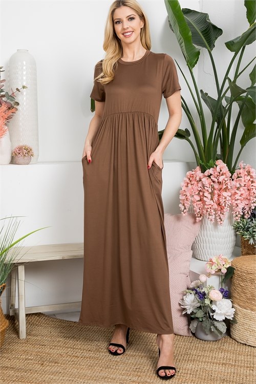 S10-15-5-YMD10031-DKMC-1 - SOLID ROUND NECKLINE SHORT SLEEVE MAXI DRESS- DARK MOCHA 0-2-1-2