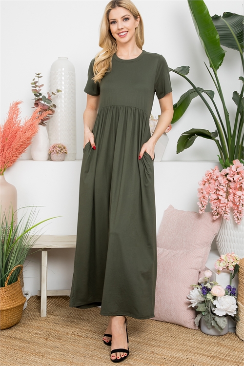 S8-10-2-YMD10031-OV - SOLID ROUND NECKLINE SHORT SLEEVE MAXI DRESS- OLIVE 1-2-2-2