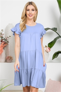 S11-16-2-YMD10034-BL - RUFFLE SHORT CAP SLEEVE TIERED DRESS- BLUE 1-1-1-1