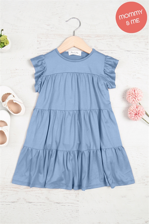 S15-7-2-YMD10034TKV-DSTBL - KIDS RUFFLE SHORT CAP SLEEVE TIERED DRESS- DUSTY BLUE 1-1-1-1-1-1-1-1