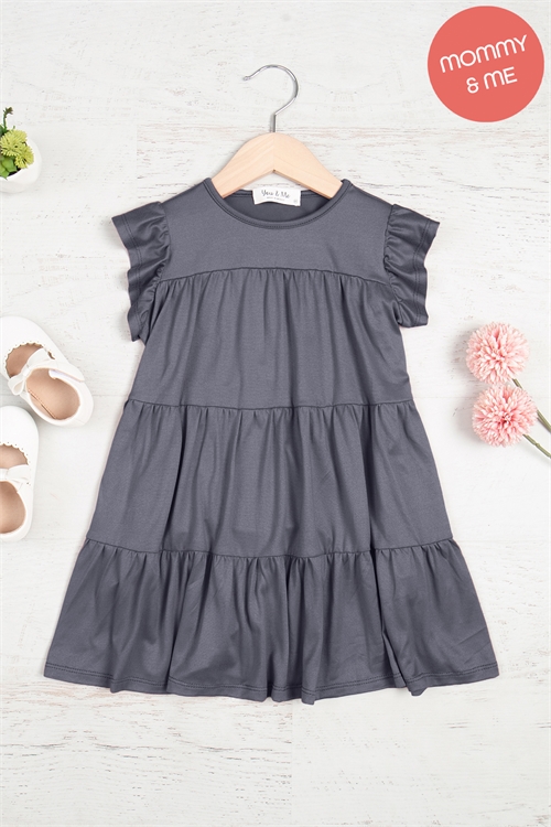 S15-7-3-YMD10034TKV-GYDK - KIDS RUFFLE SHORT CAP SLEEVE TIERED DRESS- GREY DARK 1-1-1-1-1-1-1-1