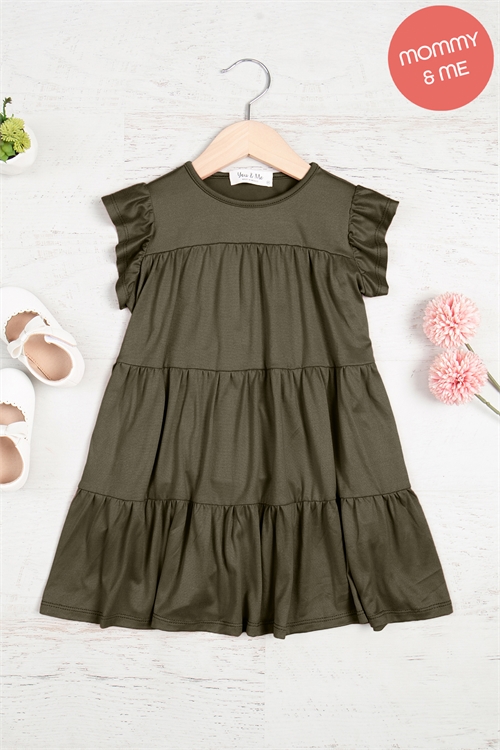 S13-6-2-YMD10034TKV-OV - KIDS RUFFLE SHORT CAP SLEEVE TIERED DRESS- OLIVE 1-1-1-1-1-1-1-1