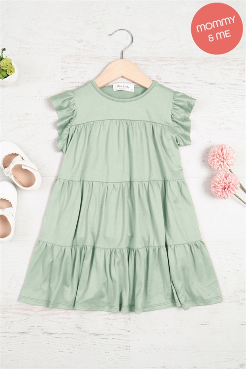 S16-8-3-YMD10034TKV-SG - KIDS RUFFLE SHORT CAP SLEEVE TIERED DRESS- SAGE 1-1-1-1-1-1-1-1