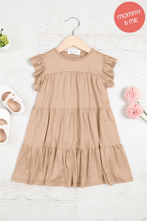 S13-9-3-YMD10034TKV-TPR - KIDS RUFFLE SHORT CAP SLEEVE TIERED DRESS- TAUPE R 1-1-1-1-1-1-1-1