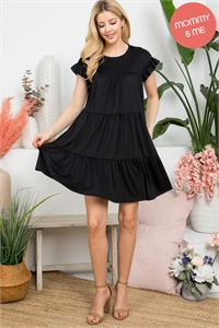 S9-9-1-YMD10034V-BK - RUFFLE SHORT CAP SLEEVE TIERED DRESS- BLACK 1-2-2-1