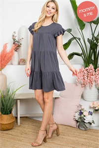 S9-9-1-YMD10034V-GYDK - RUFFLE SHORT CAP SLEEVE TIERED DRESS- GREY DARK 1-2-2-1