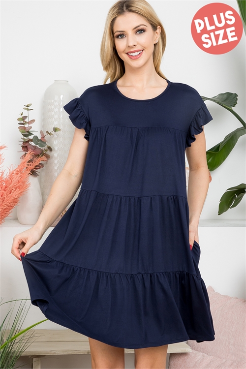 SA3-0-2-YMD10034X-NVN - PLUS SIZE RUFFLE SHORT CAP SLEEVE TIERED DRESS- NAVY NEW 3-2-1