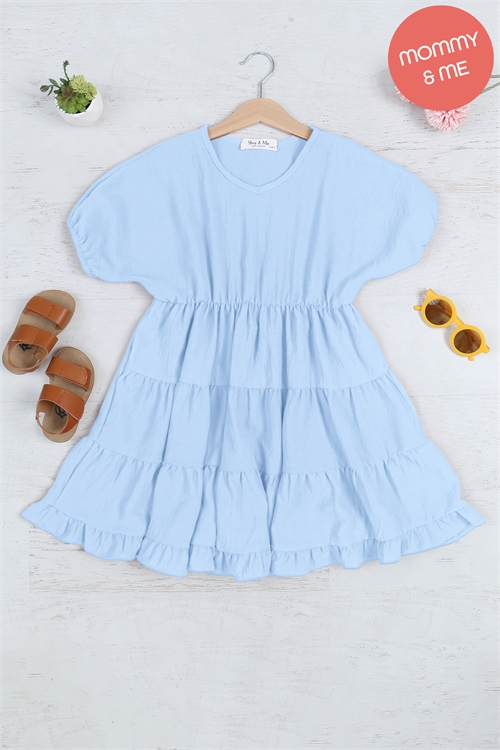 S8-10-2-YMD10038TK-BLLT - KIDS SHORT PUFF SLEEVE V-NECK TIERED DRESS- BLUE LT. 1-1-1-1-1-1-1-1