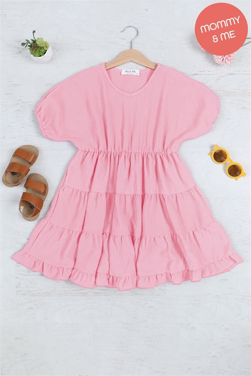 S8-7-3-YMD10038TK-DSTRS - KIDS SHORT PUFF SLEEVE V-NECK TIERED DRESS- DUSTY ROSE 1-1-1-1-1-1-1-1