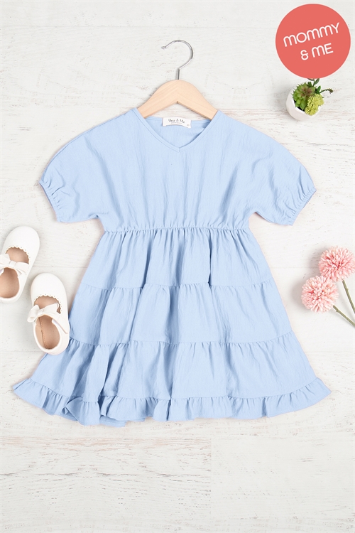 S8-8-3-YMD10038TKV-BLLT - KIDS SHORT PUFF SLEEVE V-NECK TIERED DRESS- BLUE LT. 1-1-1-1-1-1-1-1