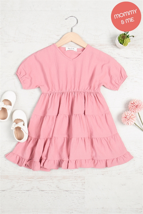 S7-7-1-YMD10038TKV-DSTRS - KIDS SHORT PUFF SLEEVE V-NECK TIERED DRESS- DUSTY ROSE 1-1-1-1-1-1-1-1