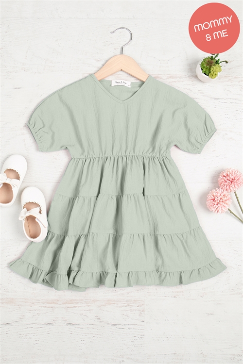 S7-9-3-YMD10038TKV-SGLT - KIDS SHORT PUFF SLEEVE V-NECK TIERED DRESS- SAGE LT. 1-1-1-1-1-1-1-1