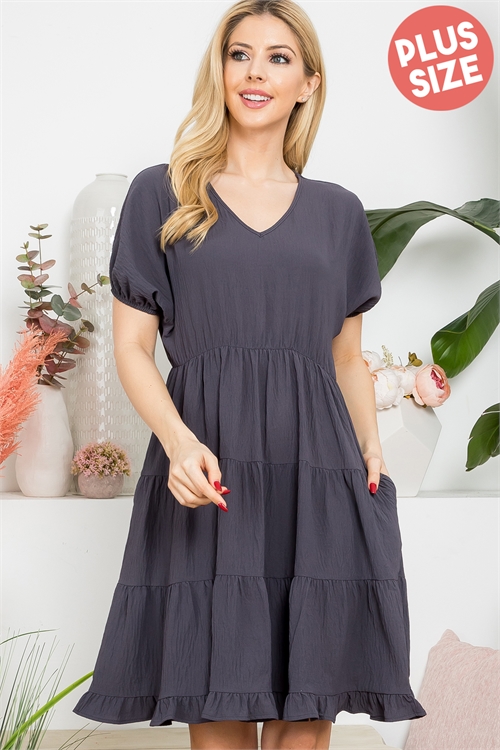 S15-5-1-YMD10038XV-GNMTL - PLUS SIZE SHORT PUFF SLEEVE V-NECK TIERED DRESS- GUNMETAL 3-2-1