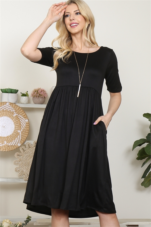 S7-3-4-YMD10046-BK-1 - SHORT SLEEVE SOLID A-LINE DRESS- BLACK 0-2-2-2