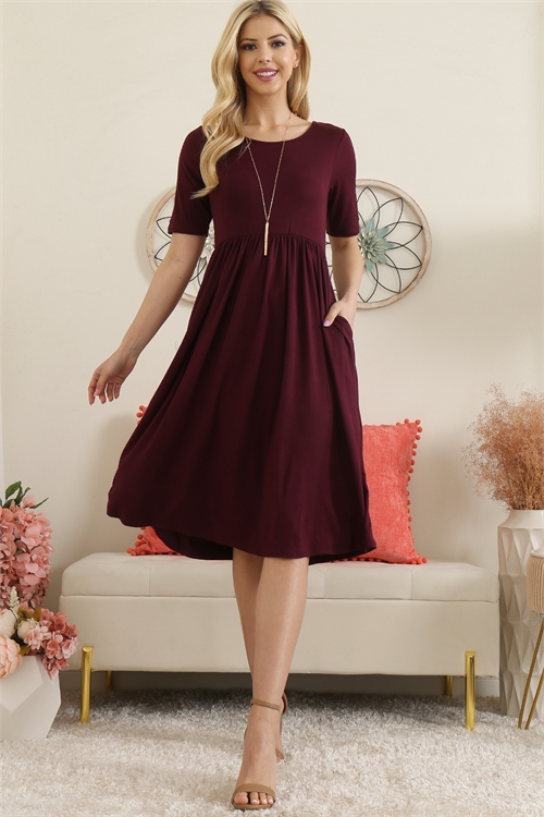 S8-4-1-YMD10046-BU - SHORT SLEEVE SOLID A-LINE DRESS- BURGUNDY 1-2-2-2