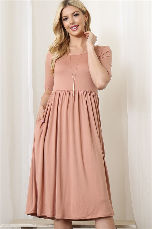 S7-3-4-YMD10046-CLY-1 - SHORT SLEEVE SOLID A-LINE DRESS- CLAY 0-2-2-1