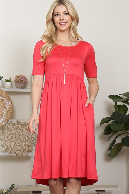 S10-6-1-YMD10046-DKCRL - SHORT SLEEVE SOLID A-LINE DRESS- DARK CORAL 1-2-2-2