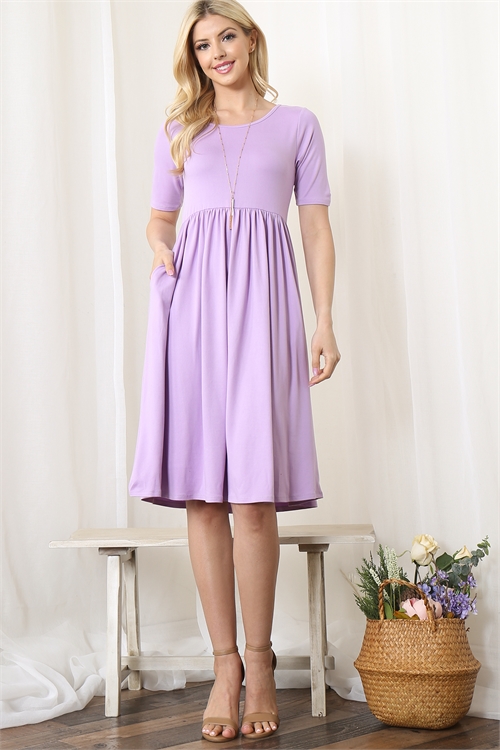 S7-3-4-YMD10046-LVDLT-1 - SHORT SLEEVE SOLID A-LINE DRESS- LAVENDER LT. 0-2-1-2