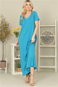 S10-2-1-YMD10048-TL - SIDE SLIT CRISS CROSS NECKLINE MAXI DRESS - TEAL 1-2-2-2