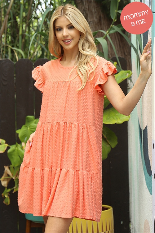 S13-7-3-YMD10050-CRLDK - SWISS DOT RUFFLE SHORT SLEEVE DRESS- CORAL DARK 1-2-2-2