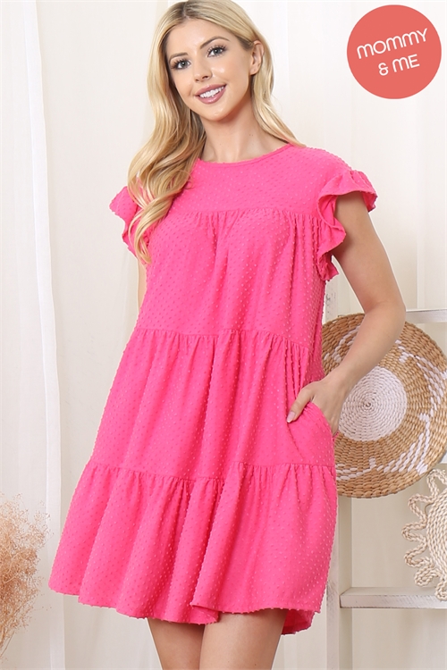 S8-4-2-YMD10050-FCH - SWISS DOT RUFFLE SHORT SLEEVE DRESS- FUCHSIA 1-2-2-2