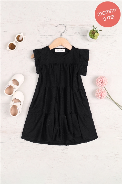 S8-7-4-YMD10050TK-BK - KIDS SWISS DOT RUFFLE SHORT SLEEVE DRESS- BLACK 1-1-1-1-1-1-1-1