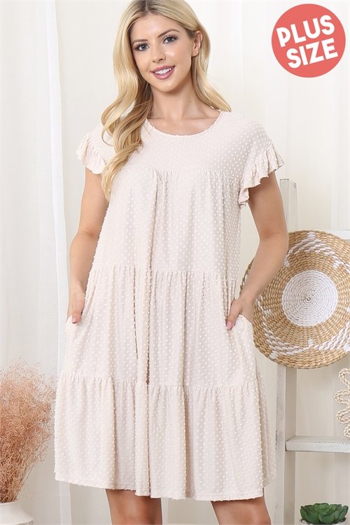 SA3-000-1-YMD10050X-CRM - PLUS SIZE SWISS DOT RUFFLE SHORT SLEEVE DRESS- CREAM 3-2-1