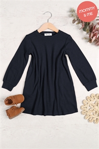 S11-1-3-YMD10051TKV-NV - KIDS BRUSHED WAFFLE BUBBLE SLEEVE POCKET DRESS- NAVY 1-1-1-1-1-1-1-1